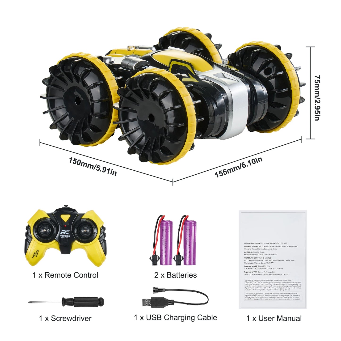 SucceBuy Blå/Gul Amfibisk RC Bil Båt 2.4GHz 12 km/h Elektrisk Fjärrkontroll 360° Roterande Stuntbil Vatten Strand Poolleksaker