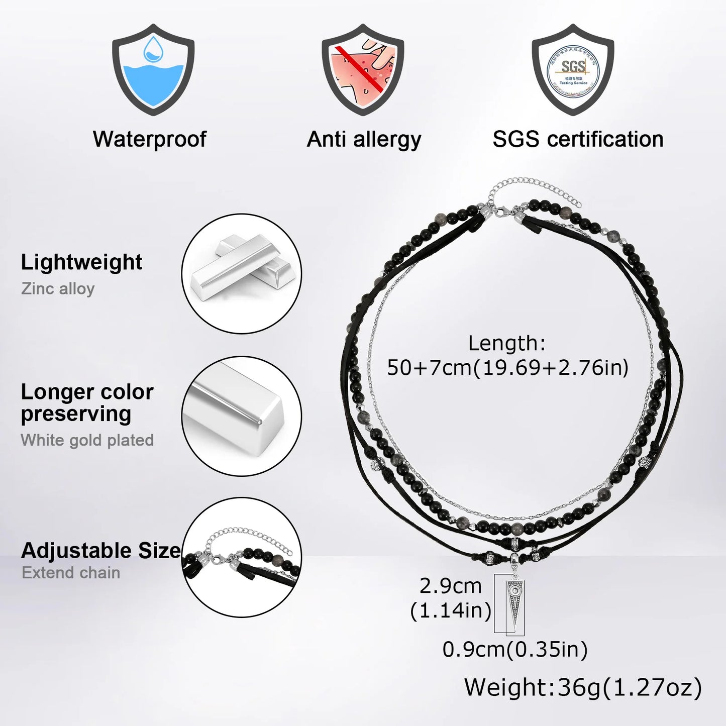 Rock Punk Halsband i Lager för Herrar, Avslappnat Halsband i Svart Läder med Flerlager, Vattentätt Litet Geometriskt Hänge Gåva