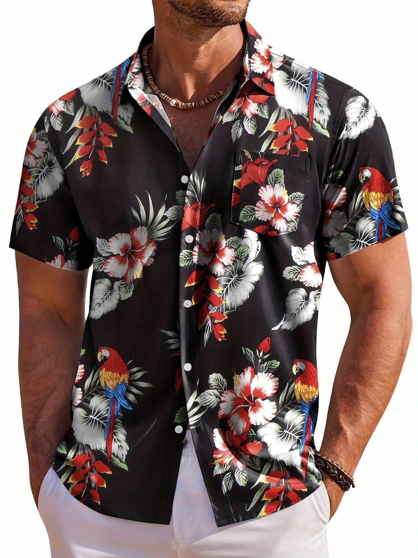 Herrskjorta med kort ärm, Hawaiiskjorta med botaniskt blommönster, slag, strandskjorta, topp, casual, moderiktiga skjortor
