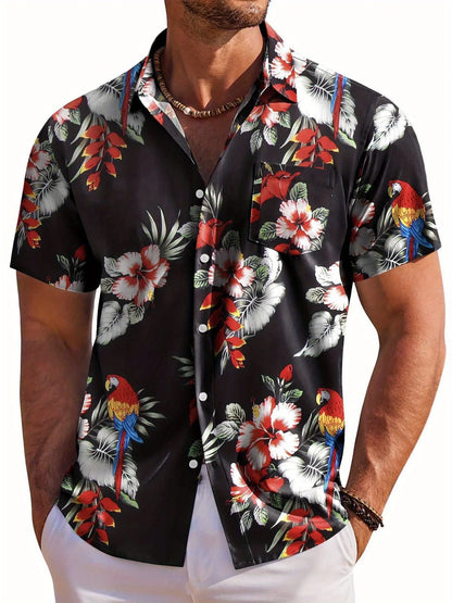 Herrskjorta med kort ärm, Hawaiiskjorta med botaniskt blommönster, slag, strandskjorta, topp, casual, moderiktiga skjortor