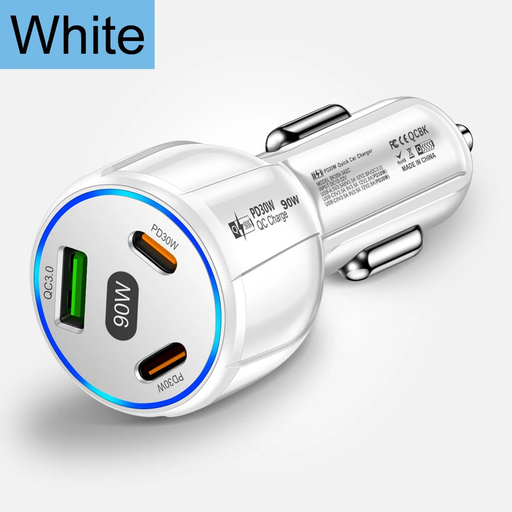90W USB-billaddare 3-4 portar PD typ C snabbladdningsadapter för iPhone 14 13 Xiaomi Samsung snabbladdare i bilen