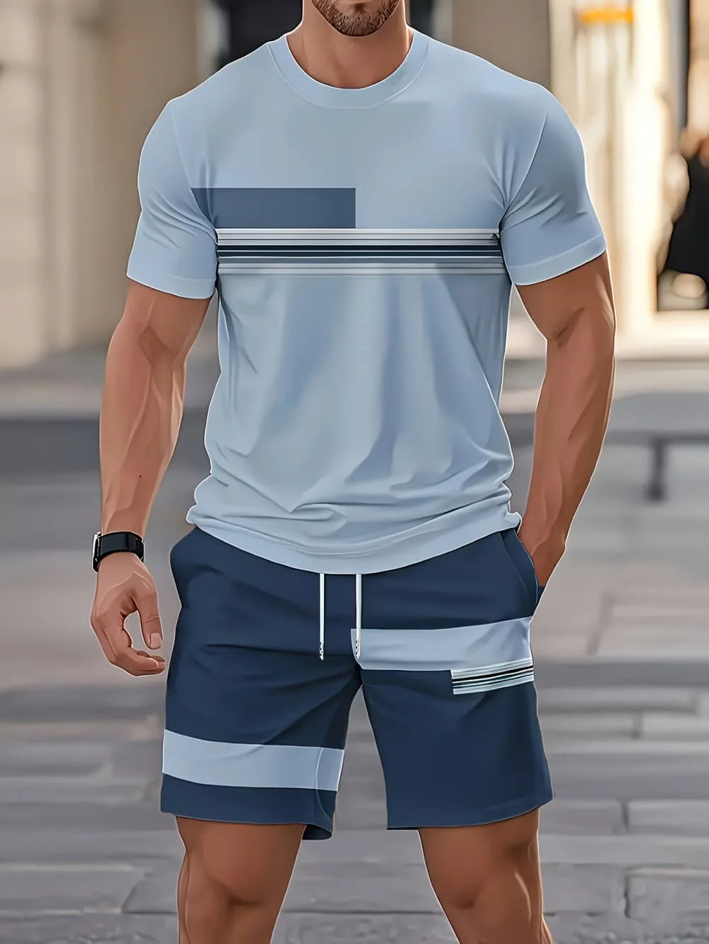 Avslappnad randig mönstrad t-shirt shorts set stor storlek lös herr kortärmad t-shirt med elastisk midja shorts 2-delat set sportkläder