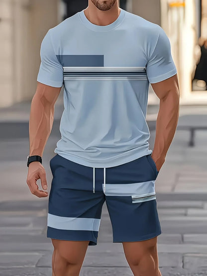 Avslappnad randig mönstrad t-shirt shorts set stor storlek lös herr kortärmad t-shirt med elastisk midja shorts 2-delat set sportkläder