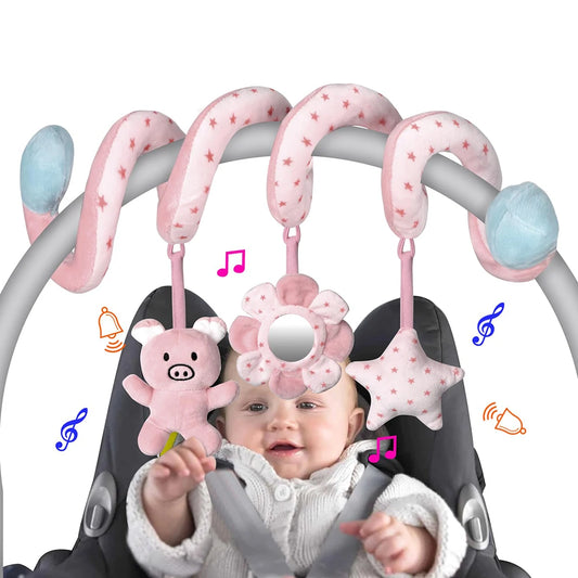 Bilbarnstol Spädbarn Spiralaktivitet Hängande Leksaker Barnvagnsstång Spjälsäng Bassinet Mobil med Spegel BB Squeaker och Skalror