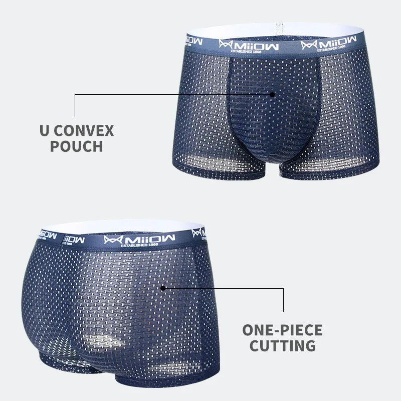 MiiOW 3 st. issilkesunderkläder för män, boxershorts, sexiga, nät, andningsbara, antibakteriella, herrkalsonger, L-4XL, herrboxershorts