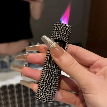 Lyxig mini uppblåsbar tändare med strass, vindtät metall, rosa låga, bärbar tändare för män och kvinnor, små verktyg