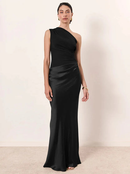 Mozision Satin Lutande Axel Sexig Maxiklänning Dammode Patchwork Ärmlös Rygglös Bodycon Kvällsklubb Festklänning