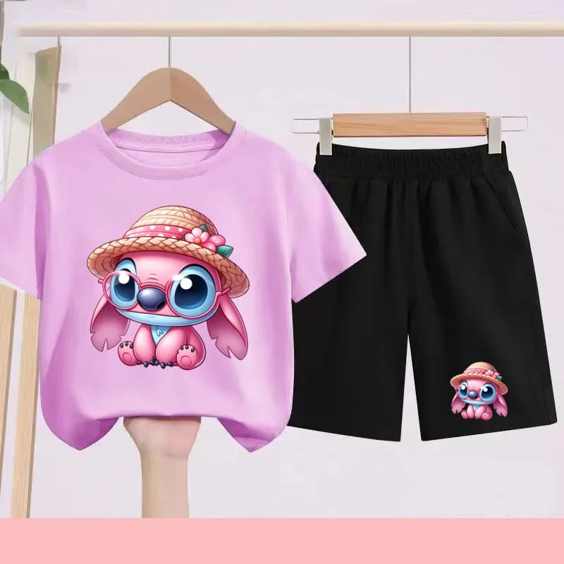 Disney Casual Children's Fashion Set T-shirt+ Shorts 2 Piece Stitch  Print  Boys Girls 3-12 Years Sports Coat Trend Party Sets