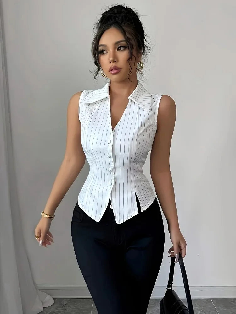 Blouse Women Vertical Stripes Collar V Neck Sleeveless Fitted Button Split Hem Sexy Office Commuter Spring Summer White Gray
