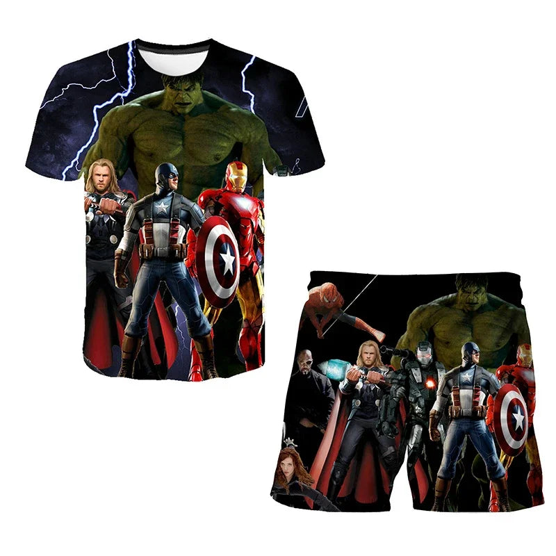 Kids Unisex Marvel Tshirt Set Summer Game Print Superhero Clothes Hulk Iron Man Short Sleeve Pants 2 Piece