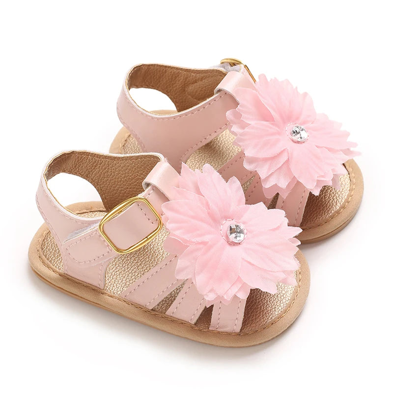 Babysko för lärande, sommarsandaler med blommig strass, mjuka och eleganta skor för spädbarnsflickor 0-18M
