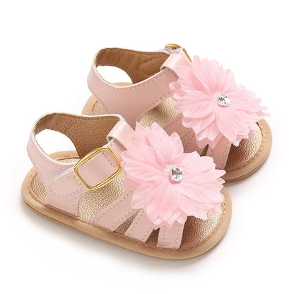Babysko för lärande, sommarsandaler med blommig strass, mjuka och eleganta skor för spädbarnsflickor 0-18M