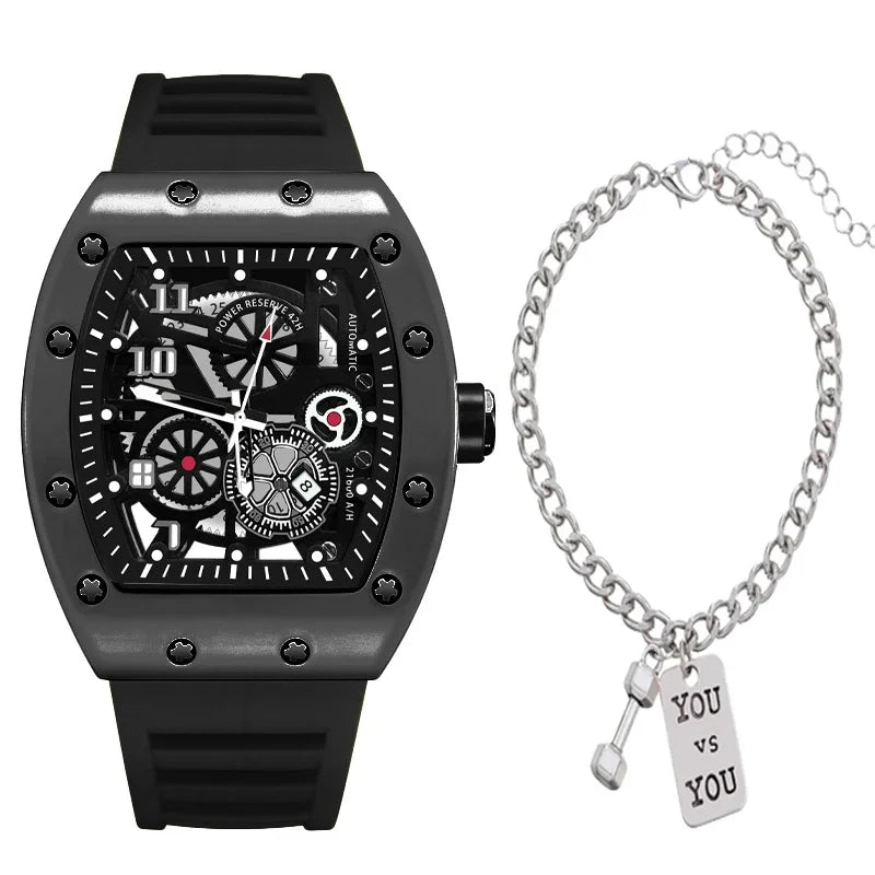 MAYZHISU Sport Herrklocka Tunnformad Quartz Armbandsur för Herrar Kalender Lysande Ihålig Urtavla Icke-mekanisk Herrklocka