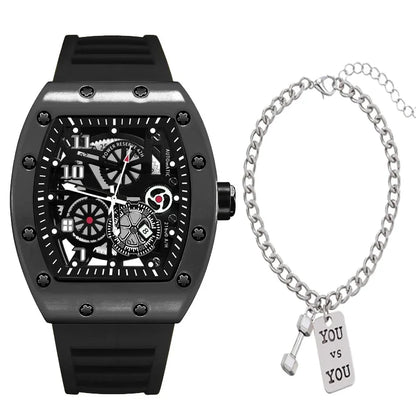 MAYZHISU Sport Herrklocka Tunnformad Quartz Armbandsur för Herrar Kalender Lysande Ihålig Urtavla Icke-mekanisk Herrklocka