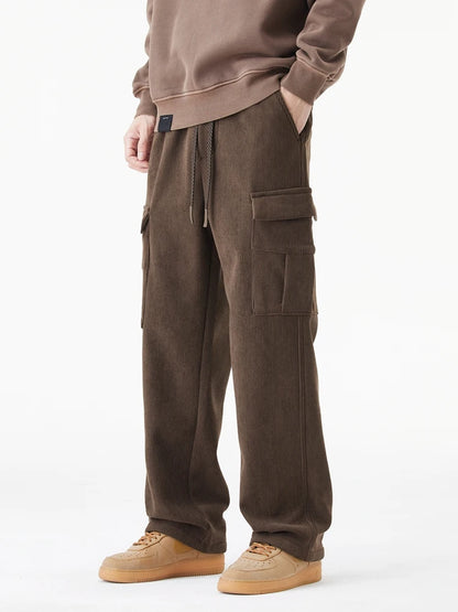 Vinter Corduroy Sweatpants Herr Flerfickor Fleecefoder Stickade Cargobyxor Tjockare Varma Casual Lösa Raka Herrbyxor