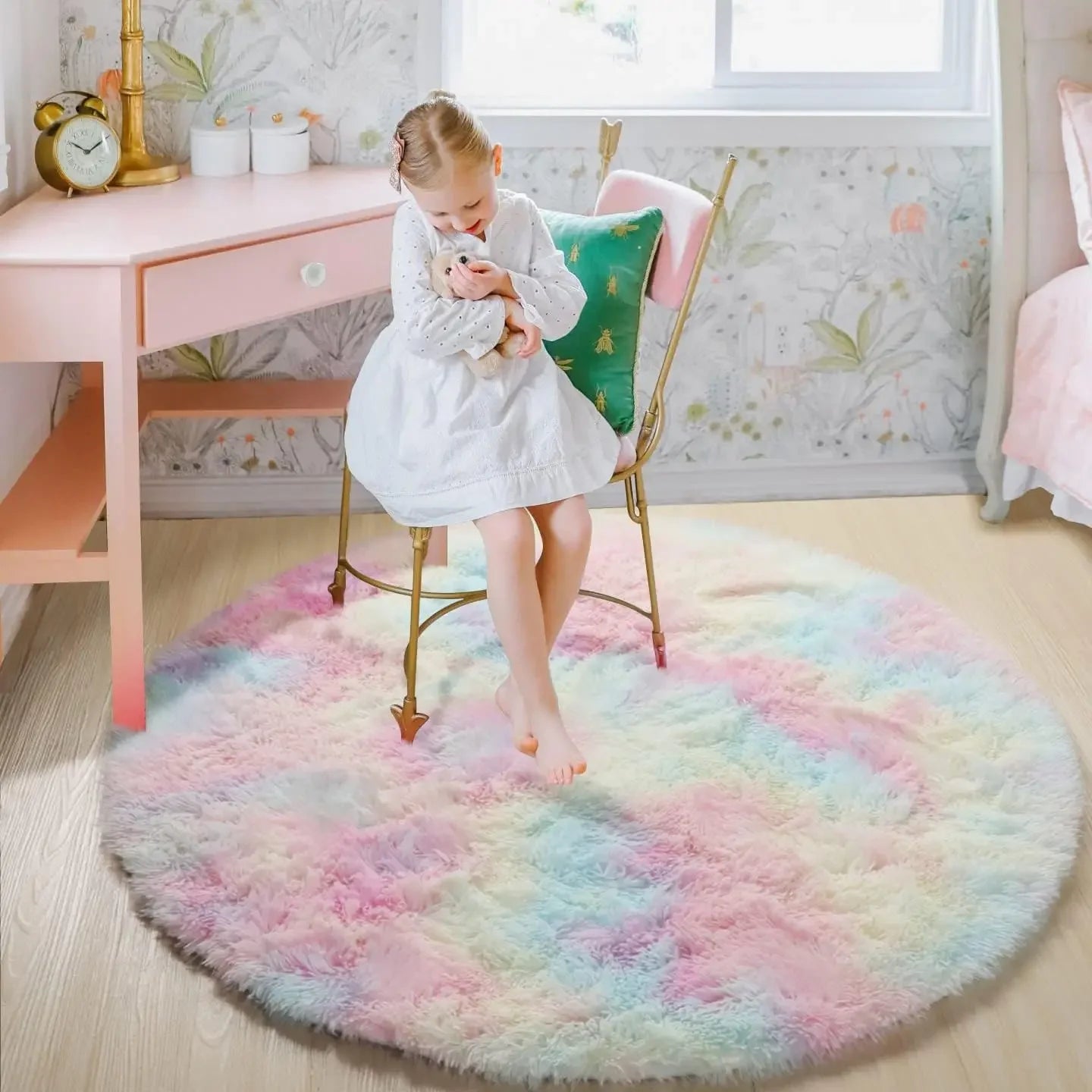 Supermjuk plyschrund matta, fluffig vit matta för vardagsrum, heminredning, sovrum, barnrum, dekoration, salong, tjock luggmatta