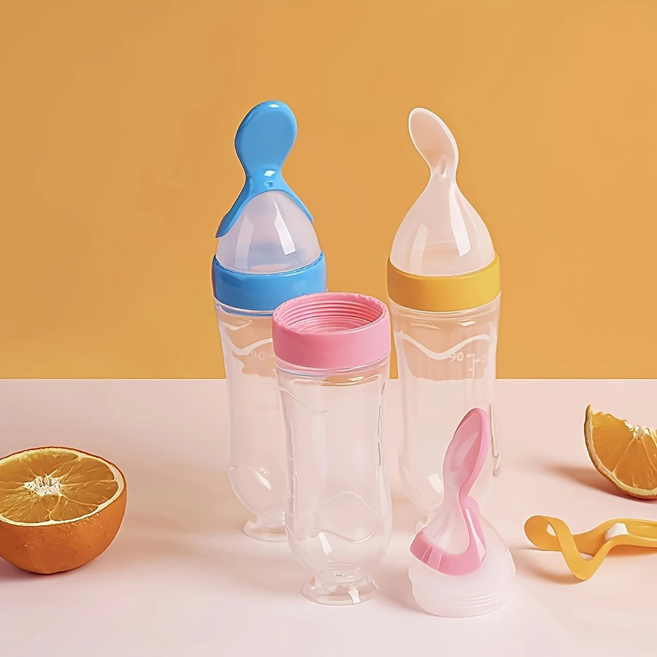 4-delars matningsset för baby, nappflaska med sugkopp, risflingor, grönsaks- och fruktmatare, två nätpåsar (S L)