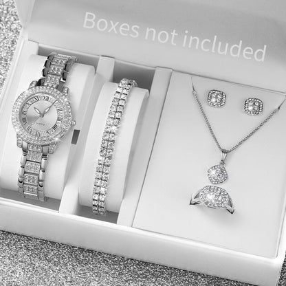 6 delar/set damklocka moderiktig strass romsk urtavla kvartsklocka stålarmband armbandsur diamantsmyckenset (utan ask)