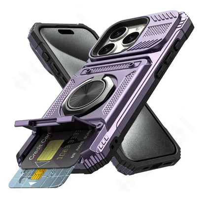 Fodral för iPhone 16 15 14 13 11 Pro Max XS XR 8 7 Plus Magnetiskt roterande ringstativ Robust fallskydd Plånboksfodral