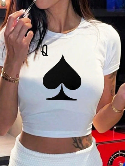 Dam Kortärmad T-shirt med elastisk rund hals Vår/Sommar Casual Mode Trendig Topp Vårstil