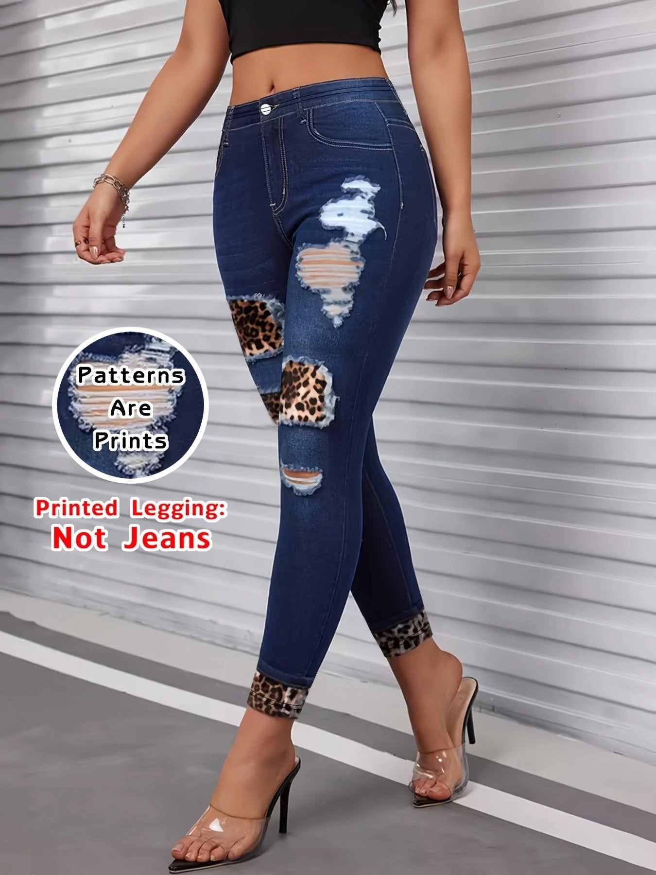 Moderiktiga skinny byxor med konstjeanstryck för kvinnor, högelastiska sömlösa leggings med fuskfickor, sportleggings i hellång längd