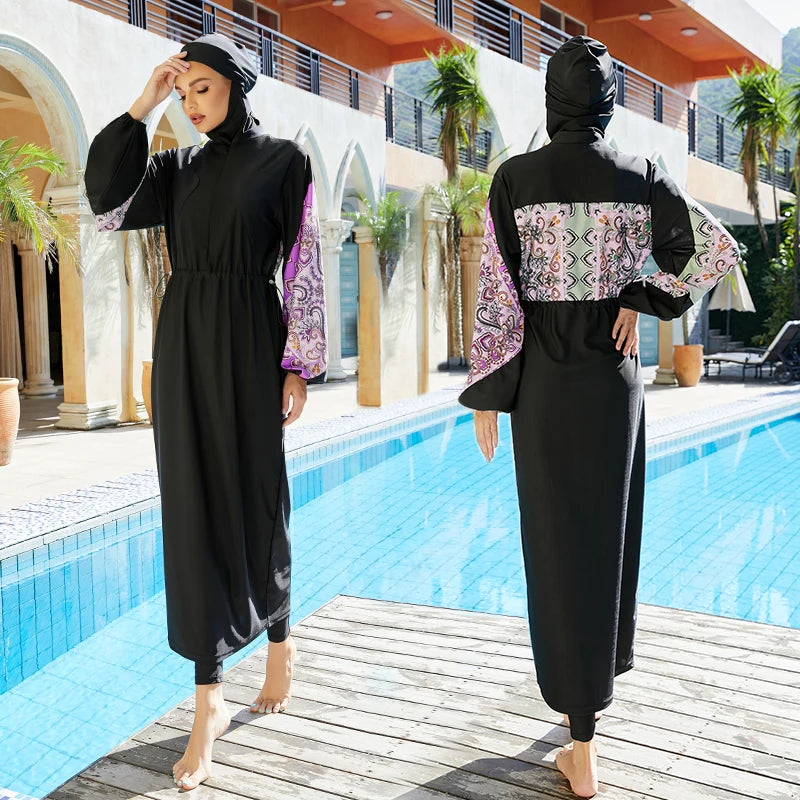 3 delar muslimsk burkini damerset blå blommigt tryck bantningskläder sexiga badkläder dam långärmade byxor rund halsringning