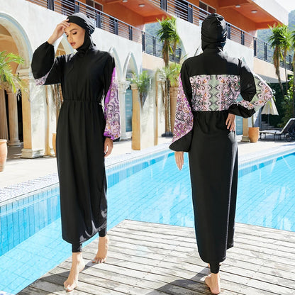 3 delar muslimsk burkini damerset blå blommigt tryck bantningskläder sexiga badkläder dam långärmade byxor rund halsringning
