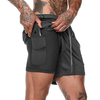 Herr Sommar 2-i-1 Dubbelskiktade Shorts Gym Fitness Träning Långsam Löpning Andningsbara Elastiska Kompressionsshorts Herr Dubbelskiktade Shorts