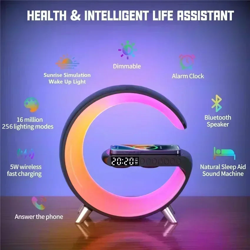 Trådlös laddningsstation Stereo Bluetooth-högtalare RGB Nattlampa Lampa Väckarklocka För Smartphone Snabb Trådlös Laddningsstation