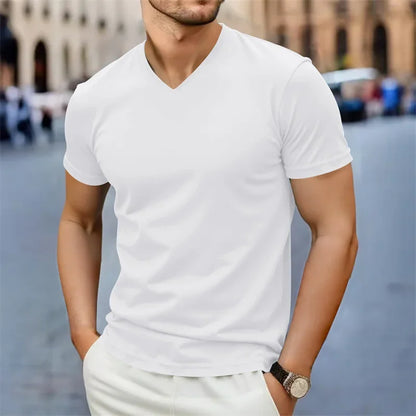 2025 Ny Herr Casual Mode Enkel V-ringad Kortärmad T-shirt Sommar Bekväm Andningsbar Mångsidig Topp