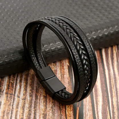 Flerskiktade flätade reparmband för män, klassiskt handgjort PU-läderarmband med magnetiskt spänne, trendiga punksmycken