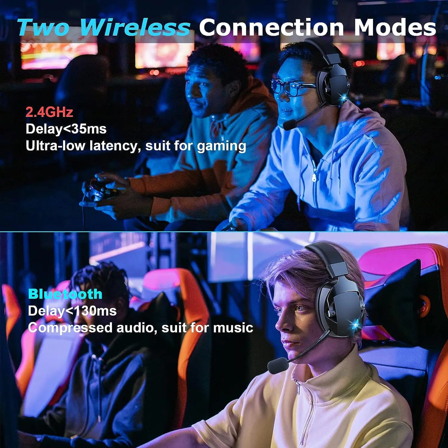 Gamingheadset med avtagbar brusreducerande mikrofon, 2.4G Bluetooth-USB-3.5mm trådansluten kontakt 3 lägen för flera enheter
