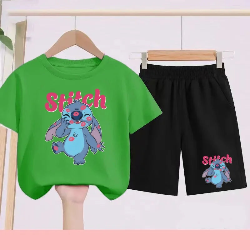 Disney Casual Children's Fashion Set T-shirt+ Shorts 2 Piece Stitch  Print  Boys Girls 3-12 Years Sports Coat Trend Party Sets