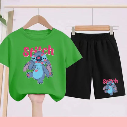 Disney Casual Children's Fashion Set T-shirt+ Shorts 2 Piece Stitch  Print  Boys Girls 3-12 Years Sports Coat Trend Party Sets